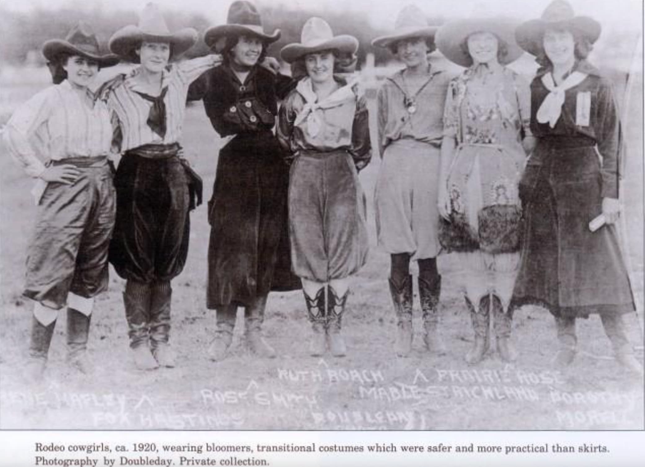 vintage rodeo cowgirls - Ruth Borcha Prairie Rose Mable Strickland Borothy Morell Rose Smith Fox Hastings Troublepay Rodeo cowgirls, ca. 1920, wearing bloomers, transitional costumes which were safer and more practical than skirts. Photography by Doubleda